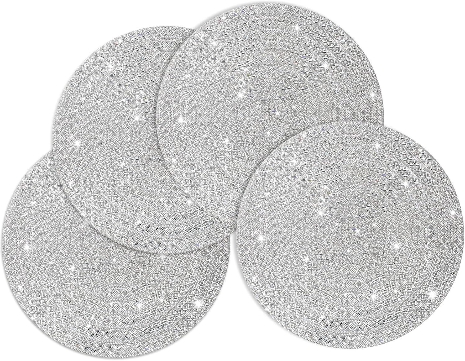 Pearl Round Placemat, 15-inch Anti-Slip Tablescapes Decorations Sparkling Bling Rhinestones Silver Placemat for Nightstand Tablecloths Centerpiece Standing T-Lights Candles Vases Mat