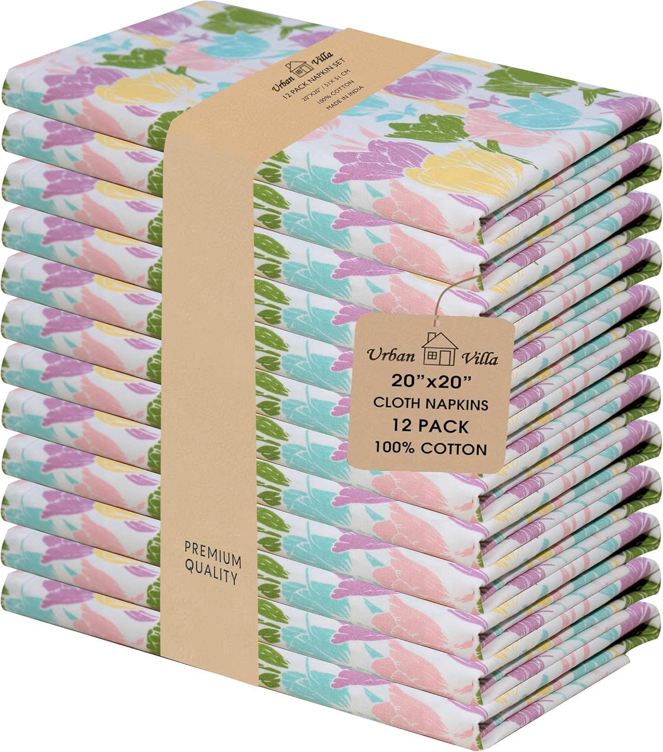 Urban Villa Cloth Napkins Set of 12 20x20 Inches 100% Cotton Napkins Cloth Washable Soft Durable Reusable Absorbent Table Dinner Napkins Cloth for Hotel Lunch Restaurant Weddings Parties-Multi Color