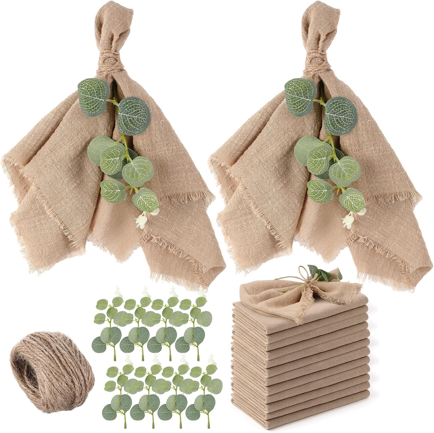 Newwiee 36 Set Boho Rustic Linen Napkins with Fringe 17 x 17 Inch Cotton Cloth Napkins Bulk with Artificial Eucalyptus Stems and Rope for Spring Bridal Wedding Birthday Decor (Brown)