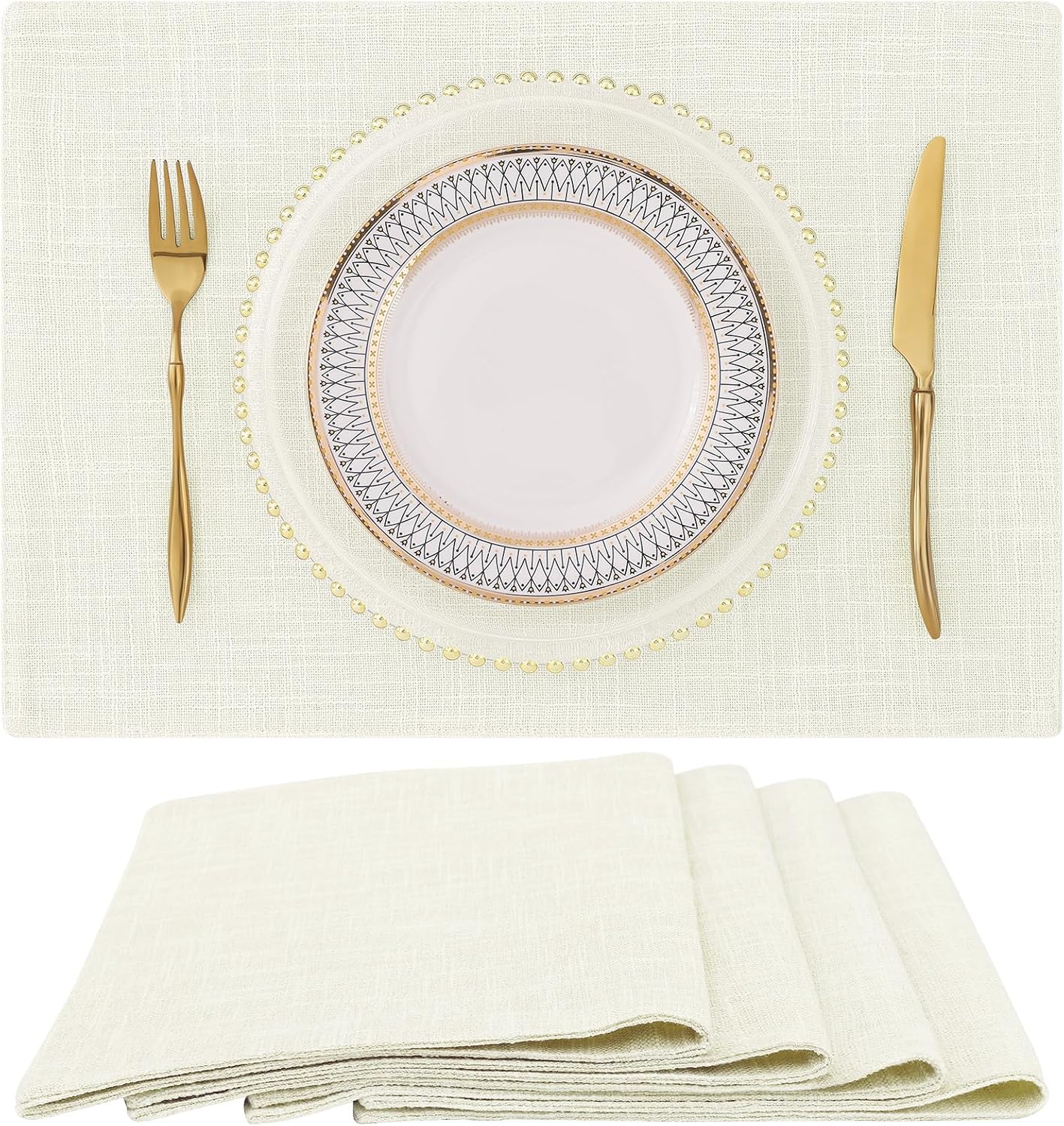 homing Cotton Linen Placemats Set of 6, Cloth Washable Farmhouse Dining Table Mats for Indoors & Outdoors, Easy to Clean, Neutral Beige, 13 x 19 Inch