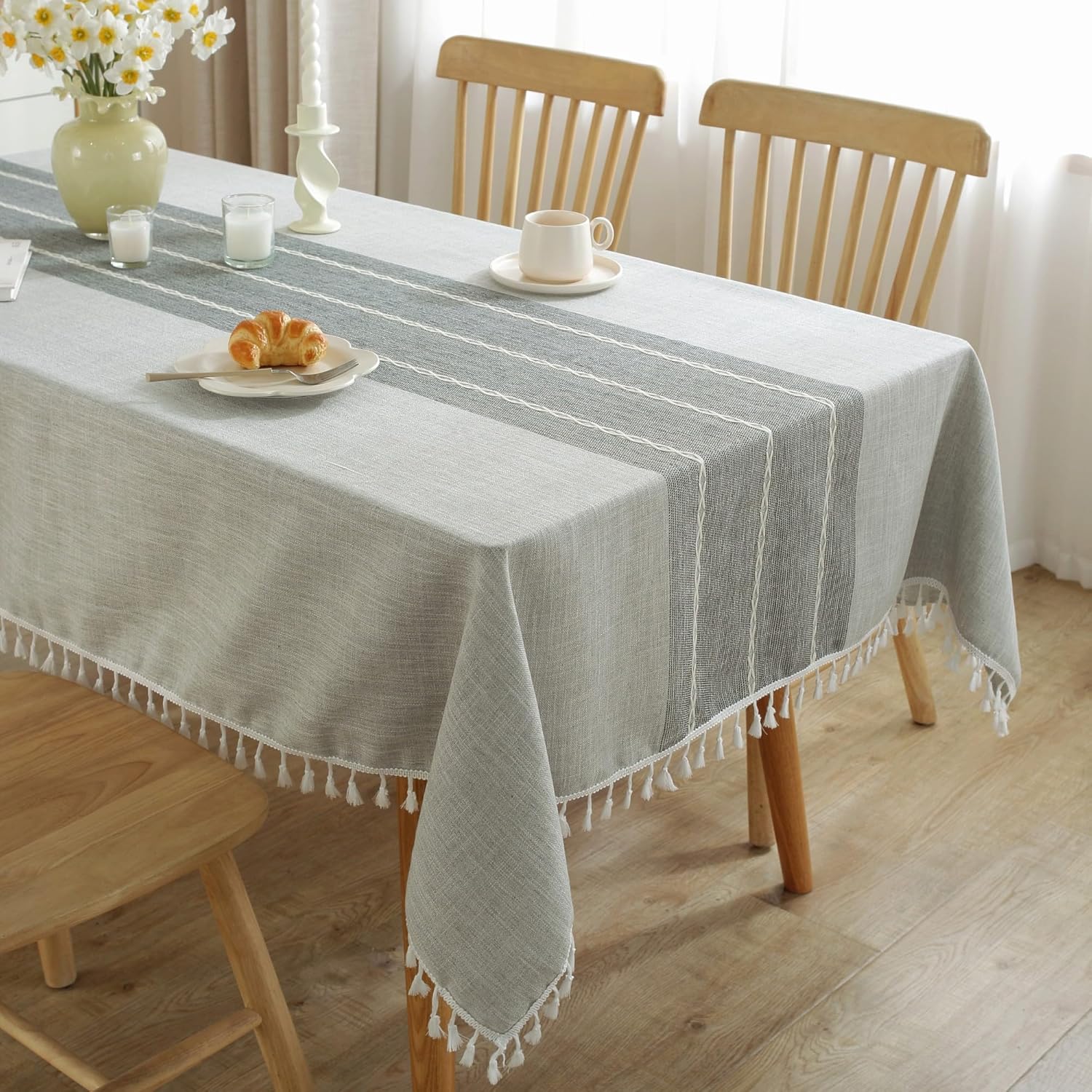 JIALE Tablecloths for Rectangle Tables, Cotton Linen Table Cloth Waterproof Tablecloth Wrinkle Free Farmhouse Dining Tables Cover, Soft Fabric Table Cloths with Tassels, Brown, 55" X 70", 4-6 Seats