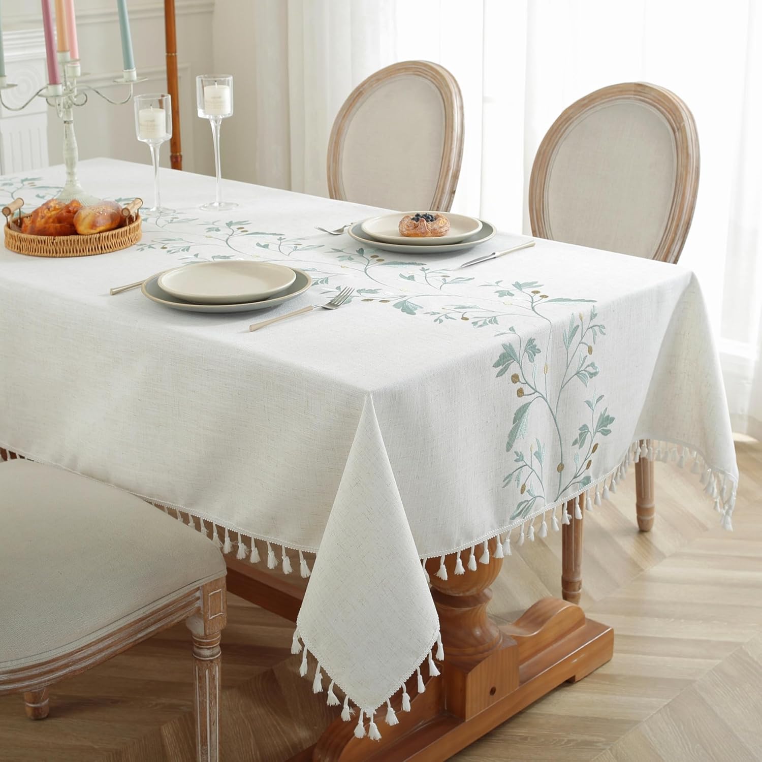 JIALE Tablecloths for Rectangle Tables, Cotton Linen Table Cloth Waterproof Tablecloth Wrinkle Free Farmhouse Dining Tables Cover, Soft Fabric Table Cloths with Tassels, Brown, 55" X 70", 4-6 Seats