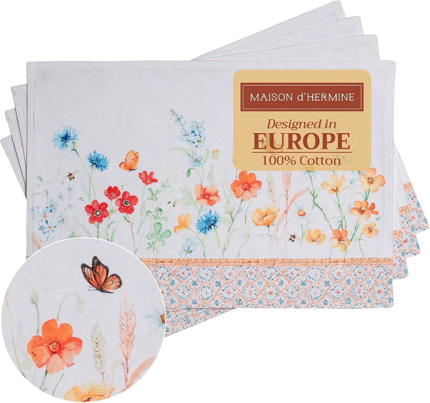 Maison d' Hermine Placemats Set of 4 100% Cotton Washable Cloth Place Mats Reusable Table Mats for Kitchen Dining Party Wedding Valentines Day Decorations Spring/Summer (Marquise, 13" x 19")