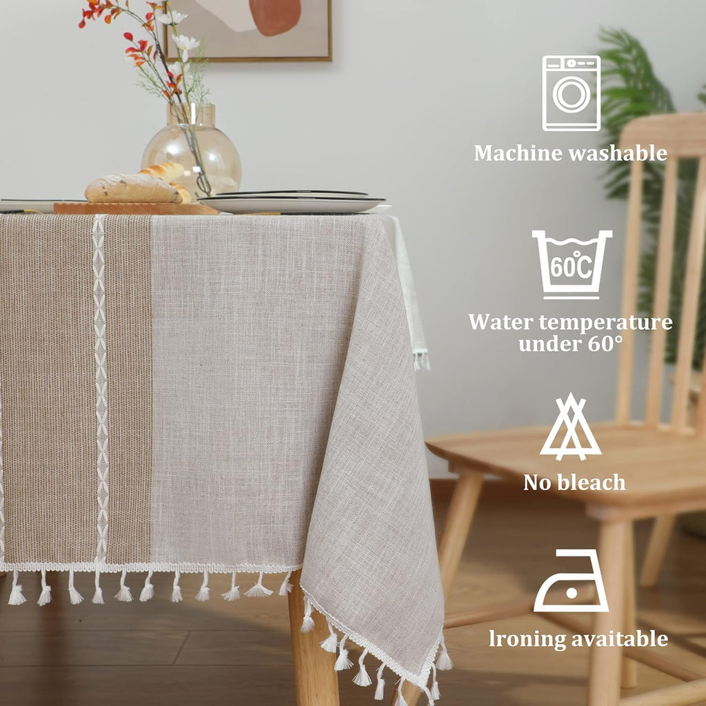 JIALE Tablecloths for Rectangle Tables, Cotton Linen Table Cloth Waterproof Tablecloth Wrinkle Free Farmhouse Dining Tables Cover, Soft Fabric Table Cloths with Tassels, Brown, 55" X 70", 4-6 Seats