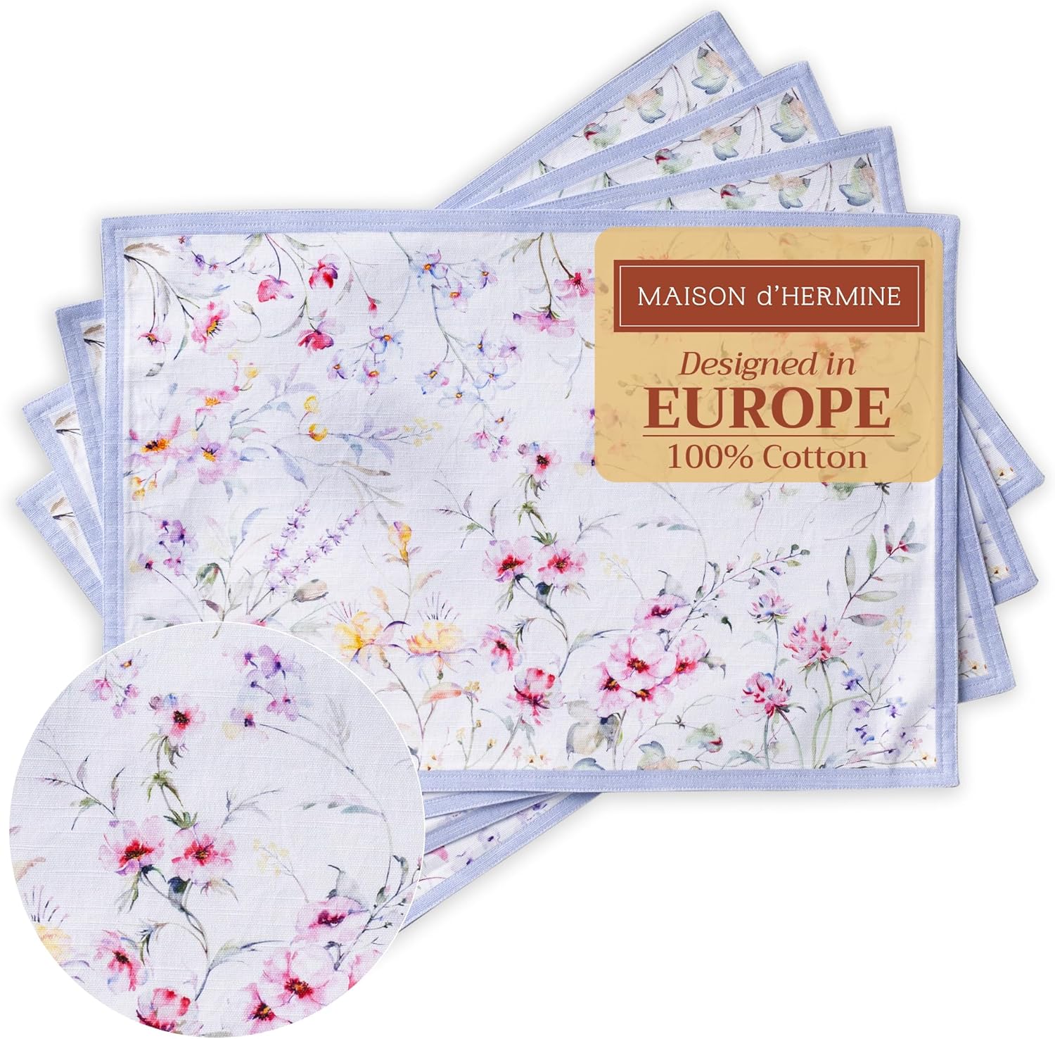 Maison d' Hermine Placemats Set of 4 100% Cotton Washable Cloth Place Mats Reusable Table Mats for Kitchen Dining Party Wedding Valentines Day Decorations Spring/Summer (Marquise, 13" x 19")