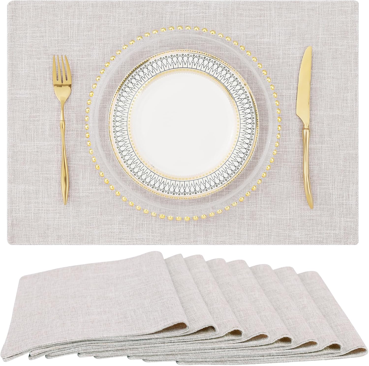 homing Cotton Linen Placemats Set of 6, Cloth Washable Farmhouse Dining Table Mats for Indoors & Outdoors, Easy to Clean, Neutral Beige, 13 x 19 Inch