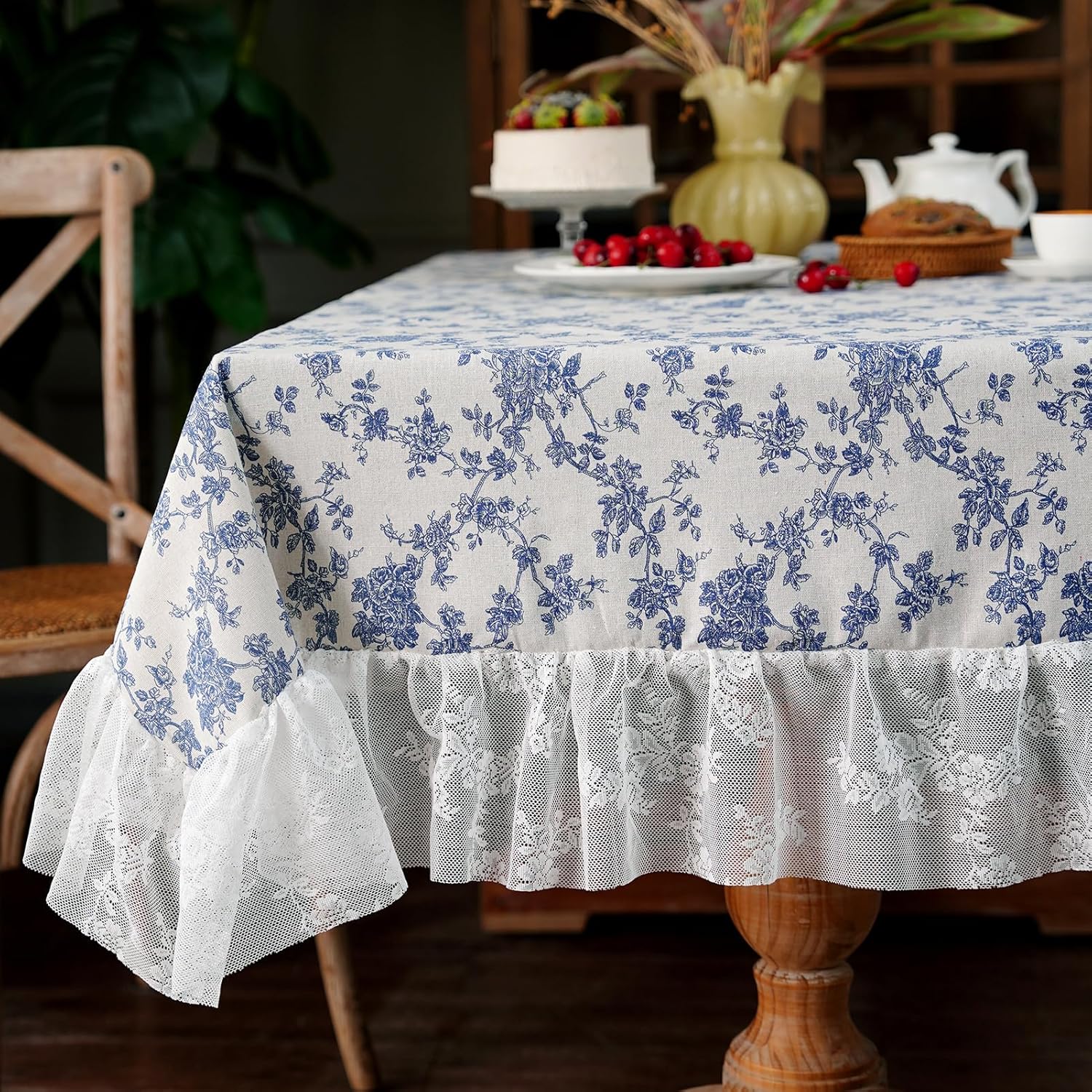 Cotton Linen Tablecloth Vintage Blue Floral Farmhouse White Lace Washable Table Cloths French Country Decor for Home Holiday Party Picnic (Blue, 60 Inches Round)