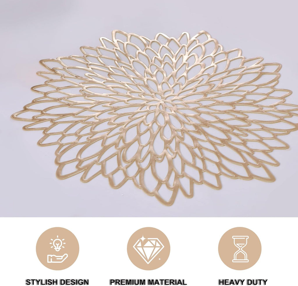 Snowkingdom Set of 12 Gold Metallic Placemats Laminated Vinyl Round Leaf Dinning Table Place Mats Bulk Decorative Halloween Thanksgiving Christmas Party Wedding Holiday Festival