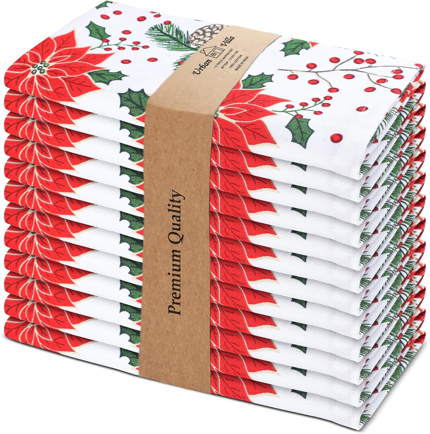 Urban Villa Cloth Napkins Cuisine Stripes 100% Cotton Absorbent Dinner Napkins Set of 12 20x20 Inches Red Multi Color Soft Durable Washable and Reusable Ideal for Everyday Use Wedding Parties Napkins