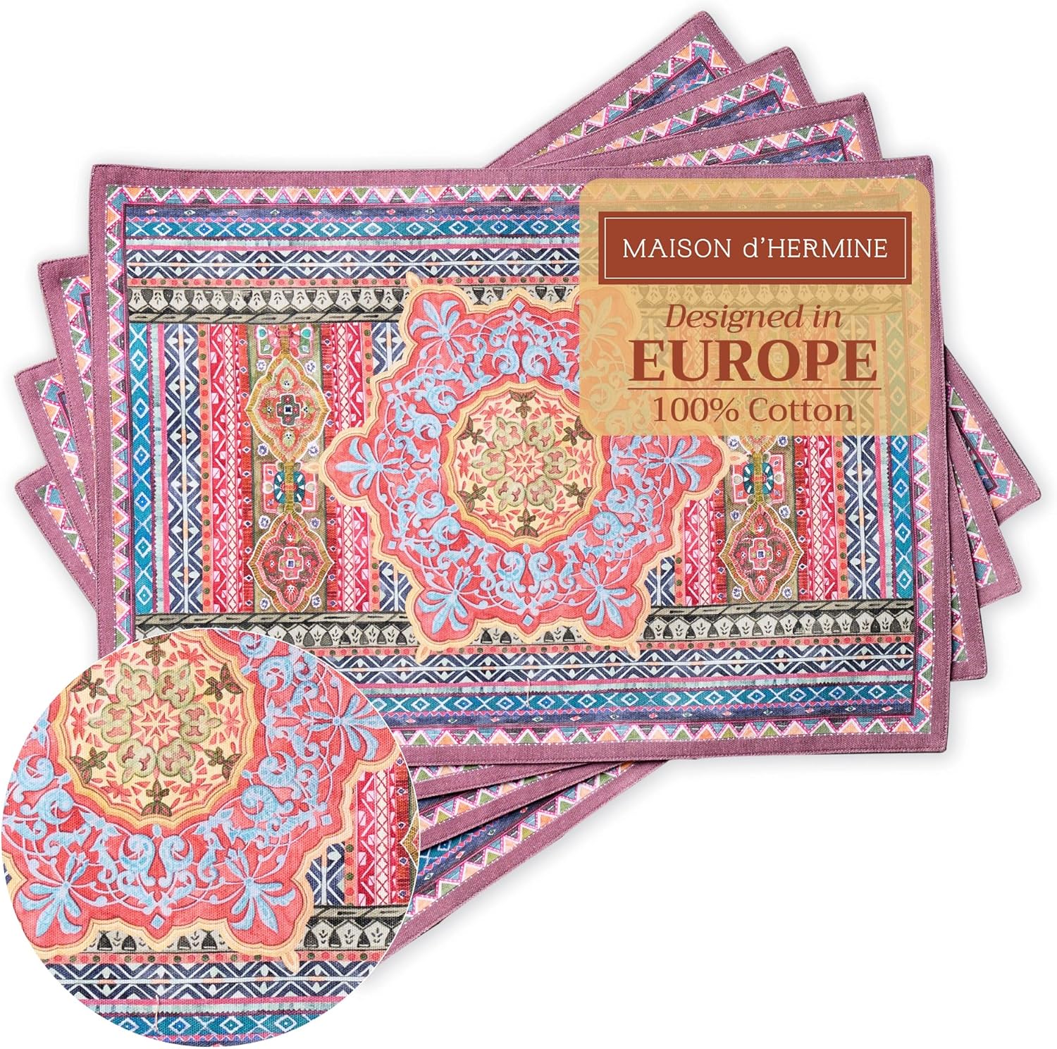 Maison d' Hermine Placemats Set of 4 100% Cotton Washable Cloth Place Mats Reusable Table Mats for Kitchen Dining Party Wedding Valentines Day Decorations Spring/Summer (Marquise, 13" x 19")