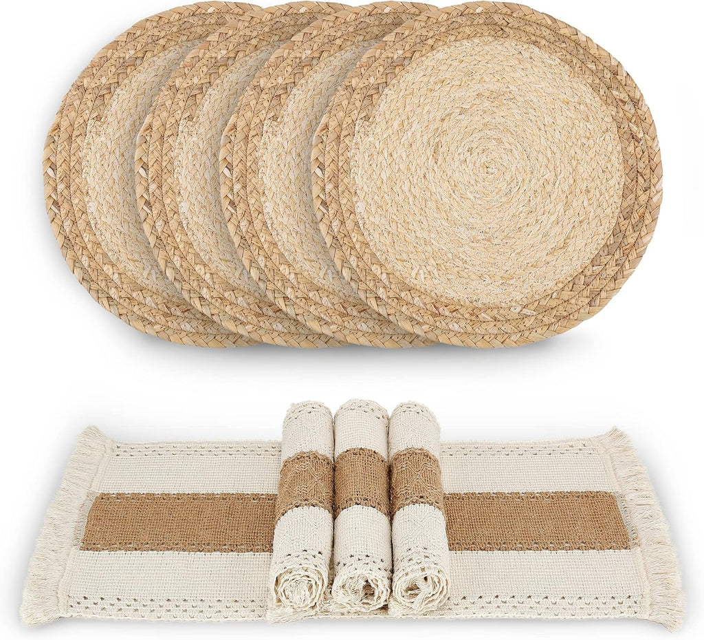 Handmade Boho Placemats Set of 4 - Natural Cotton Burlap and Water Straw Woven Combination Table Mats, Macrame Décor and Farmhouse Style Placemats, for Dining Table Kitchen