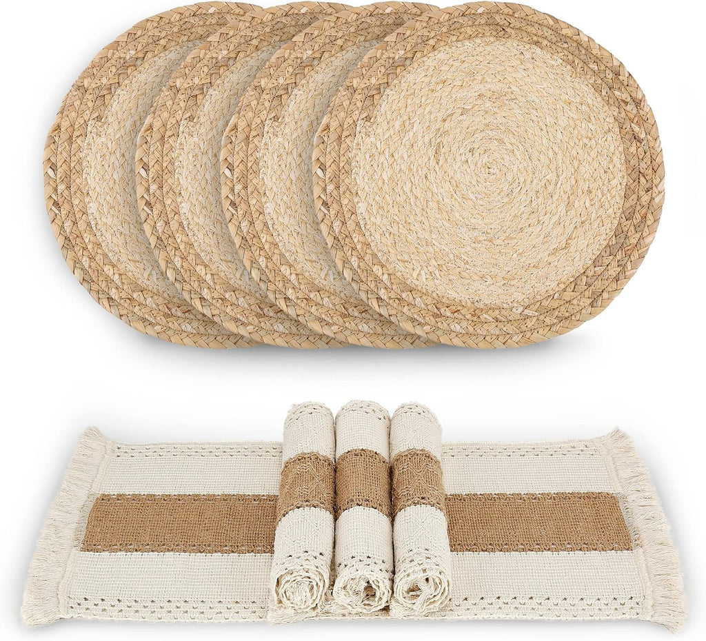 Handmade Boho Placemats Set of 6 - Natural Cotton Burlap and Water Straw Woven Combination Table Mats, Macrame Décor and Farmhouse Style Placemats, for Dining Table Kitchen
