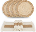 Handmade Boho Placemats Set of 6 - Natural Cotton Burlap and Water Straw Woven Combination Table Mats, Macrame Décor and Farmhouse Style Placemats, for Dining Table Kitchen