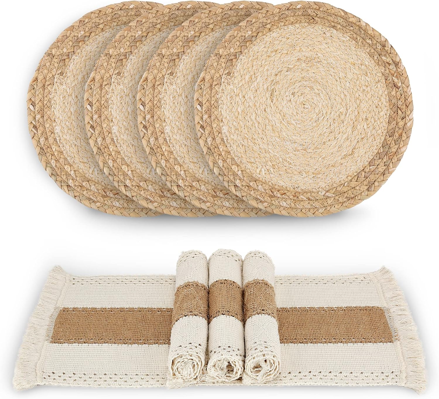 Handmade Boho Placemats Set of 6 - Natural Cotton Burlap and Water Straw Woven Combination Table Mats, Macrame Décor and Farmhouse Style Placemats, for Dining Table Kitchen
