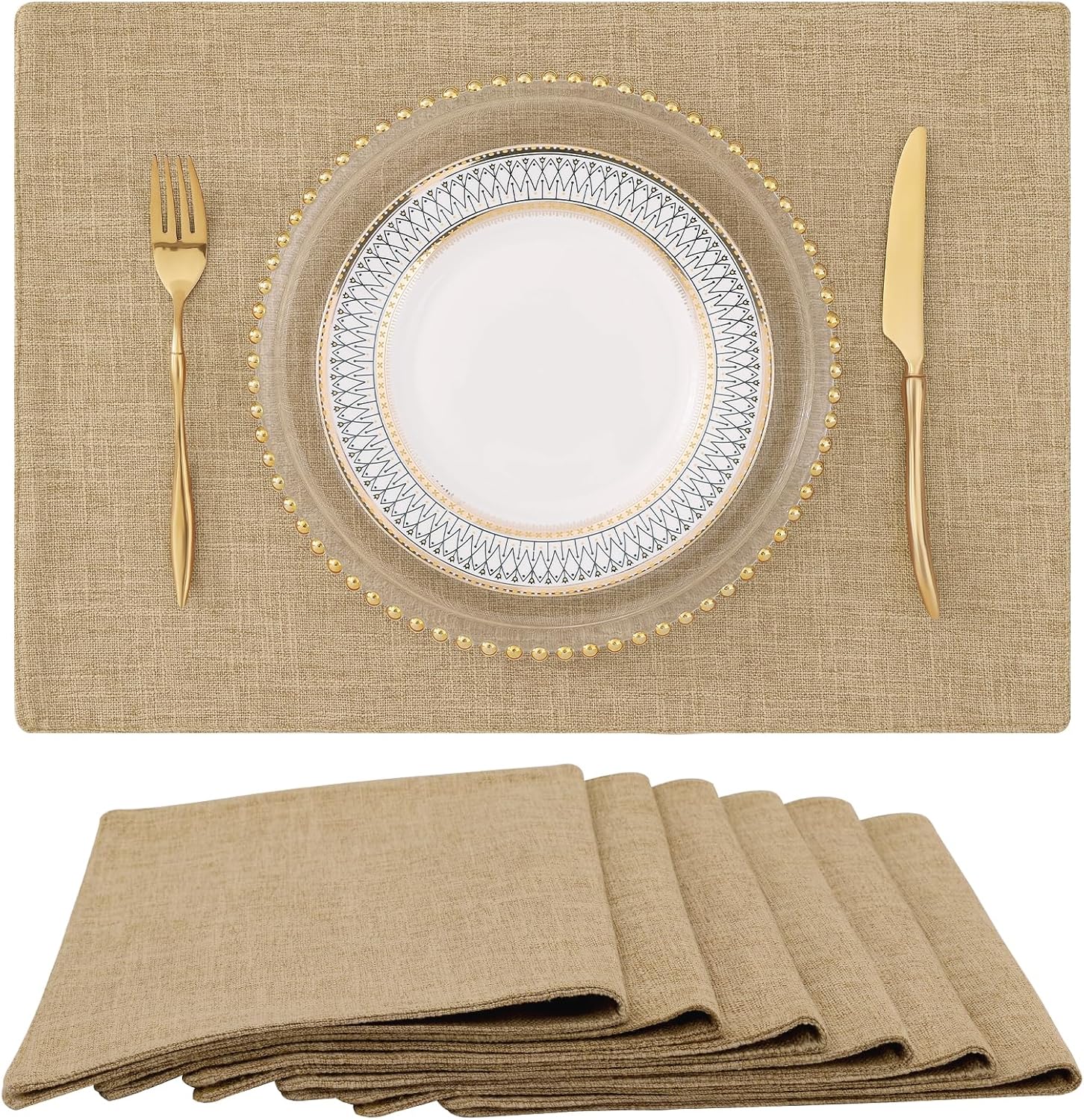 homing Cotton Linen Placemats Set of 6, Cloth Washable Farmhouse Dining Table Mats for Indoors & Outdoors, Easy to Clean, Neutral Beige, 13 x 19 Inch