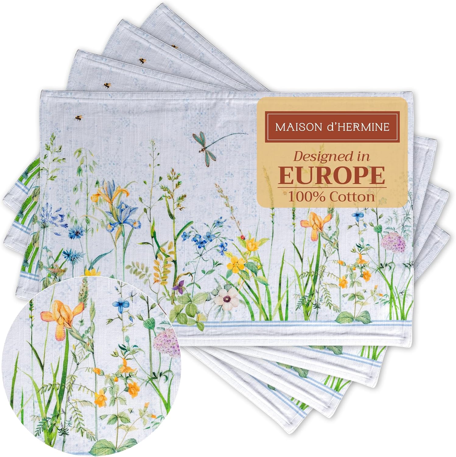 Maison d' Hermine Placemats Set of 4 100% Cotton Washable Cloth Place Mats Reusable Table Mats for Kitchen Dining Party Wedding Valentines Day Decorations Spring/Summer (Marquise, 13" x 19")