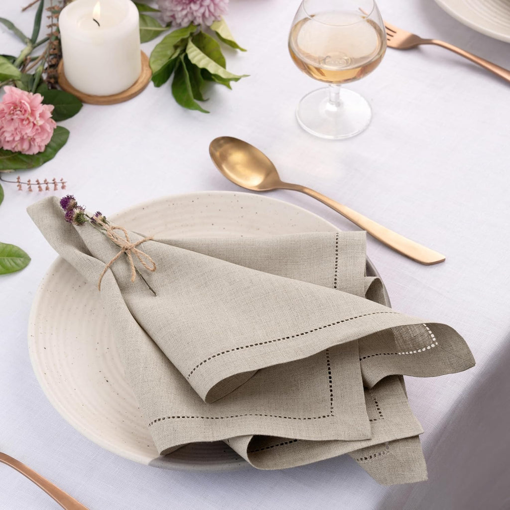 D'Moksha Homes Natural Linen Napkins Set of 4 - Classic Hemstitch 100% Pure Linen Hemstitch Dinner Napkins 20 x 20 Inch for Fall, Autumn and Halloween - Handcrafted and Machine Washable