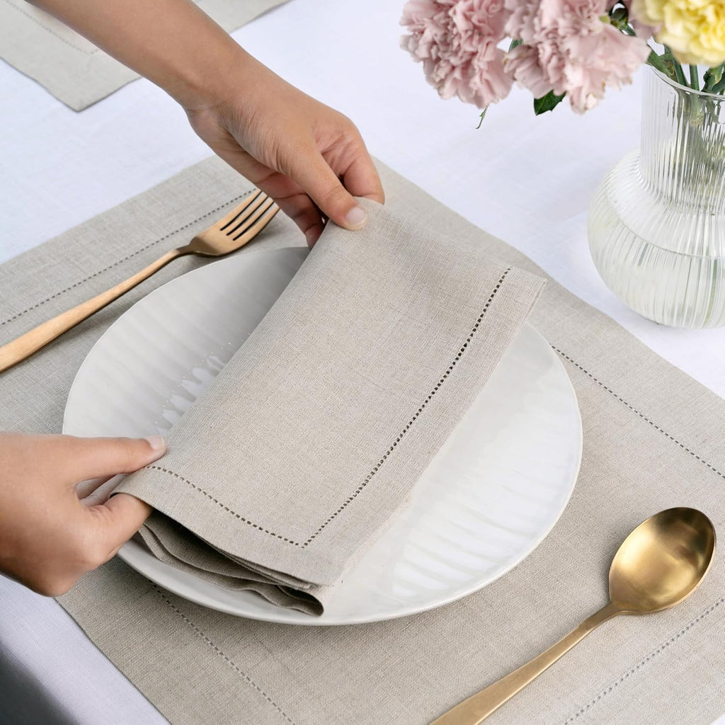 D'Moksha Homes Natural Linen Napkins Set of 4 - Classic Hemstitch 100% Pure Linen Hemstitch Dinner Napkins 20 x 20 Inch for Fall, Autumn and Halloween - Handcrafted and Machine Washable
