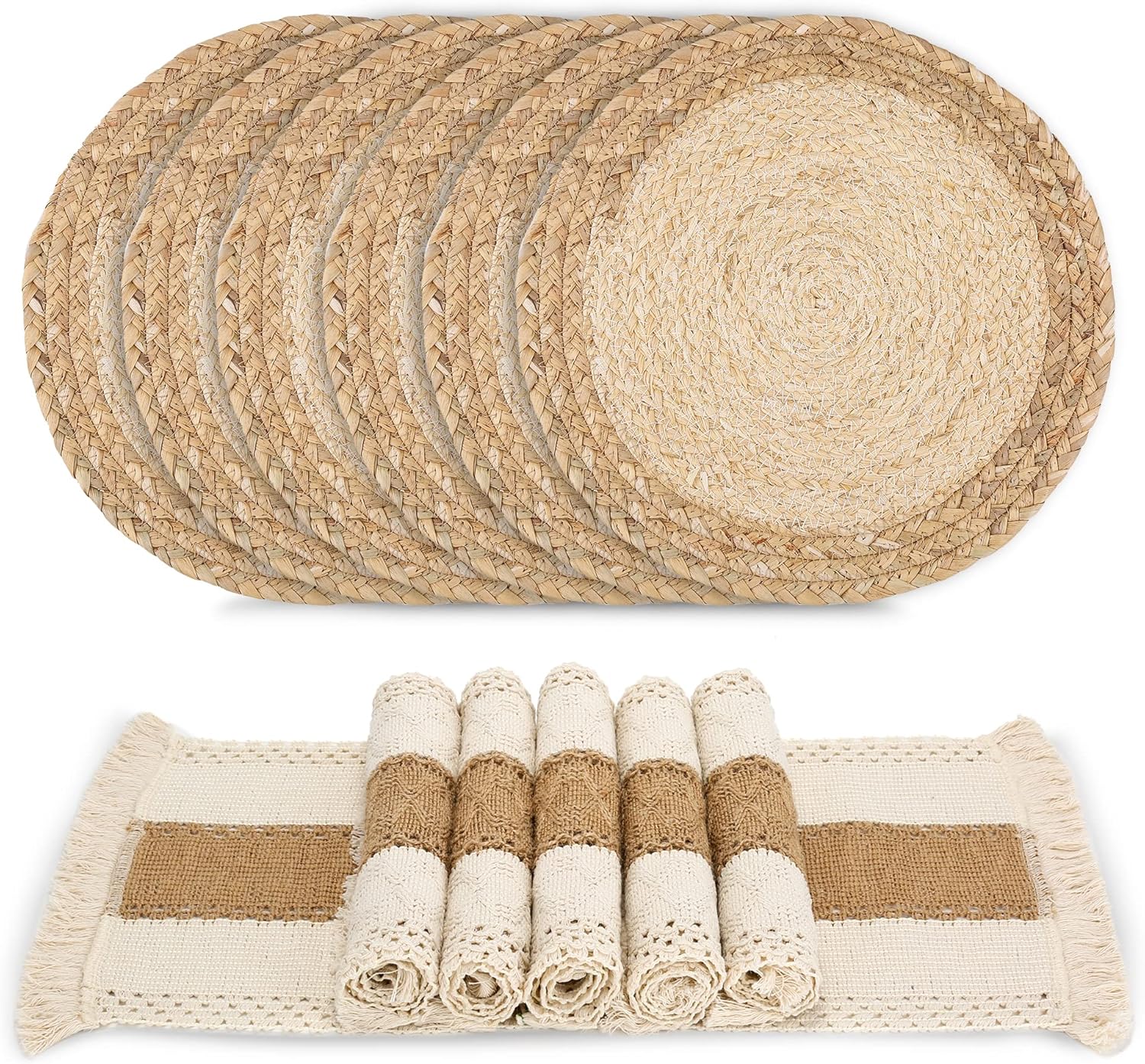 Handmade Boho Placemats Set of 4 - Natural Cotton Burlap and Water Straw Woven Combination Table Mats, Macrame Décor and Farmhouse Style Placemats, for Dining Table Kitchen