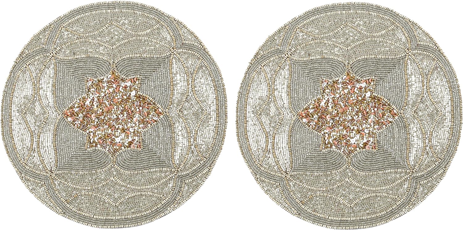 Handmade Beaded Placemat Charger, 13 Inch Round, Set of 2, Beautiful Decorative Dining Table Placemat for Your Dinner Table Décor, Easter, Wedding, Thanksgiving & Everyday Use - Green Orange Multi