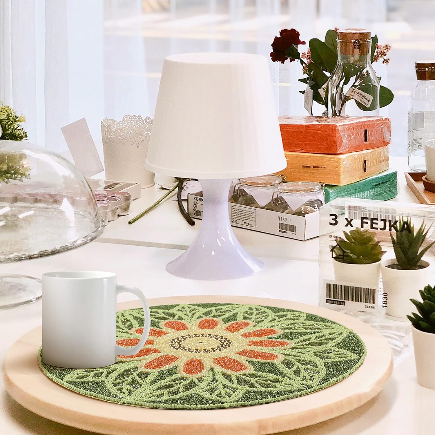 Handmade Beaded Placemat Charger, 13 Inch Round, Set of 2, Beautiful Decorative Dining Table Placemat for Your Dinner Table Décor, Easter, Wedding, Thanksgiving & Everyday Use - Green Orange Multi