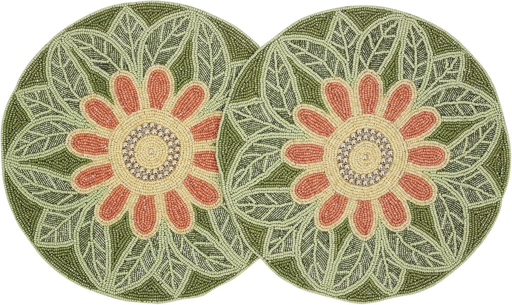 Handmade Beaded Placemat Charger, 13 Inch Round, Set of 2, Beautiful Decorative Dining Table Placemat for Your Dinner Table Décor, Easter, Wedding, Thanksgiving & Everyday Use - Green Orange Multi