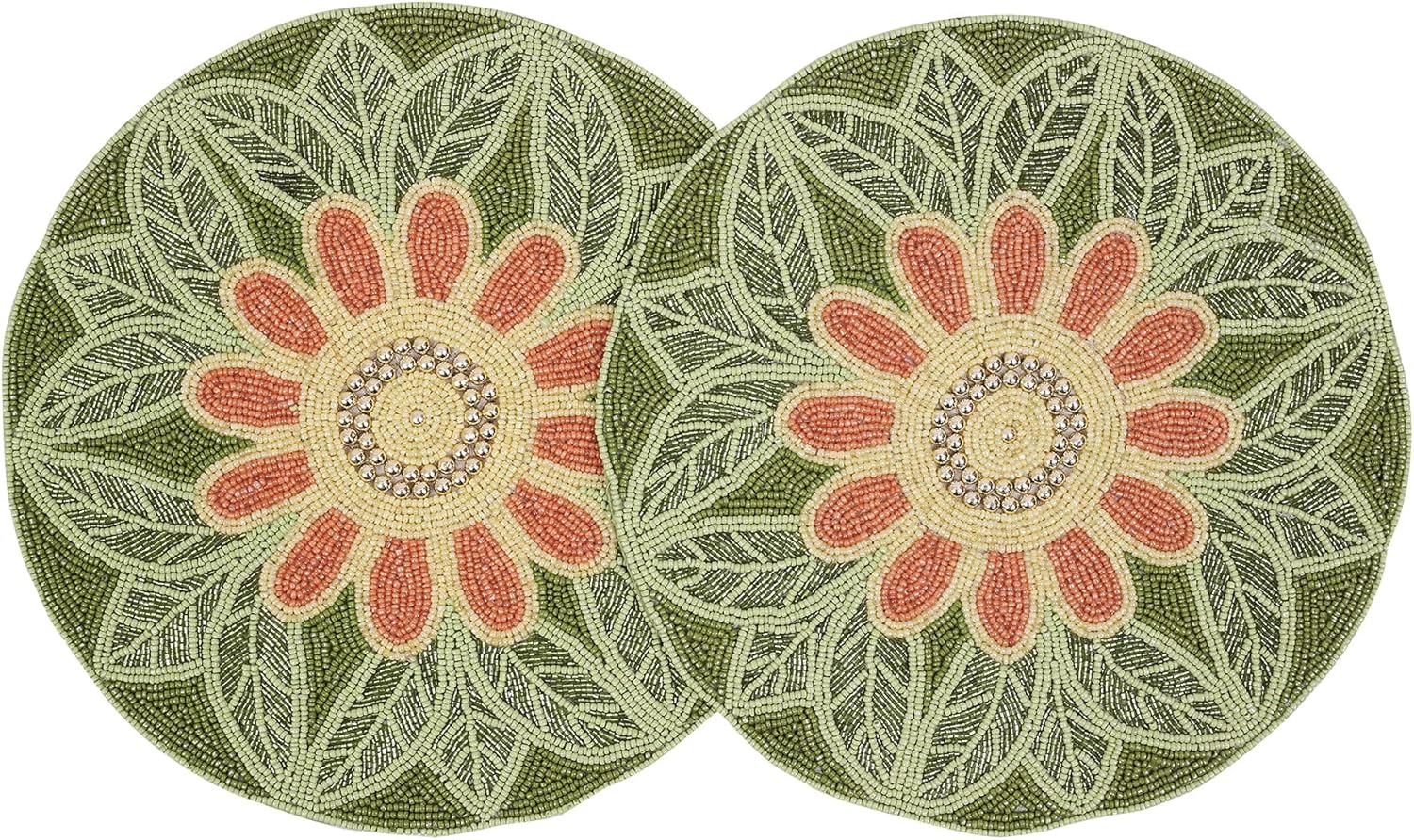 Handmade Beaded Placemat Charger, 13 Inch Round, Set of 2, Beautiful Decorative Dining Table Placemat for Your Dinner Table Décor, Easter, Wedding, Thanksgiving & Everyday Use - Green Orange Multi