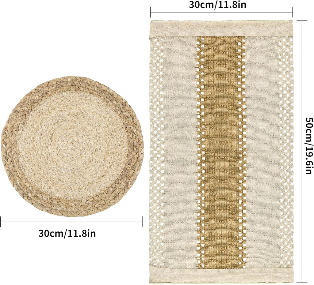 Handmade Boho Placemats Set of 6 - Natural Cotton Burlap and Water Straw Woven Combination Table Mats, Macrame Décor and Farmhouse Style Placemats, for Dining Table Kitchen