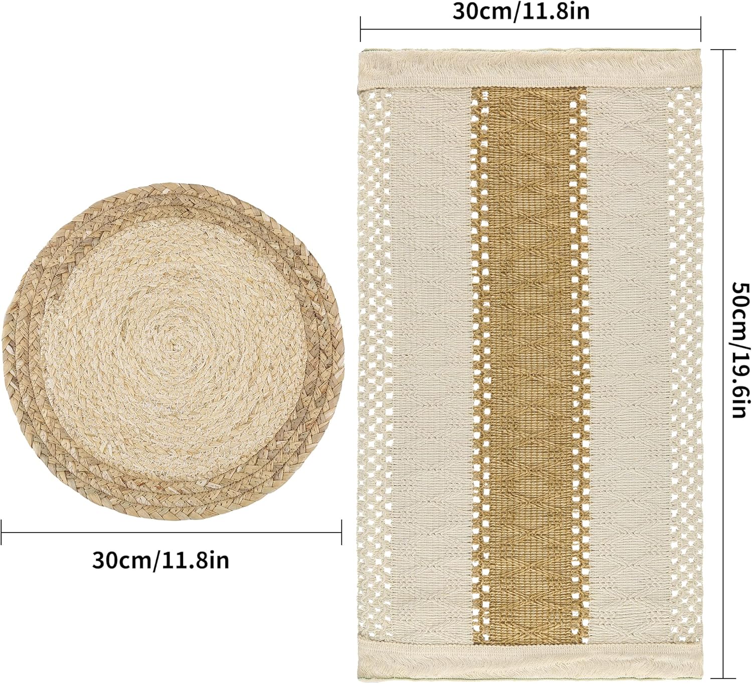 Handmade Boho Placemats Set of 6 - Natural Cotton Burlap and Water Straw Woven Combination Table Mats, Macrame Décor and Farmhouse Style Placemats, for Dining Table Kitchen