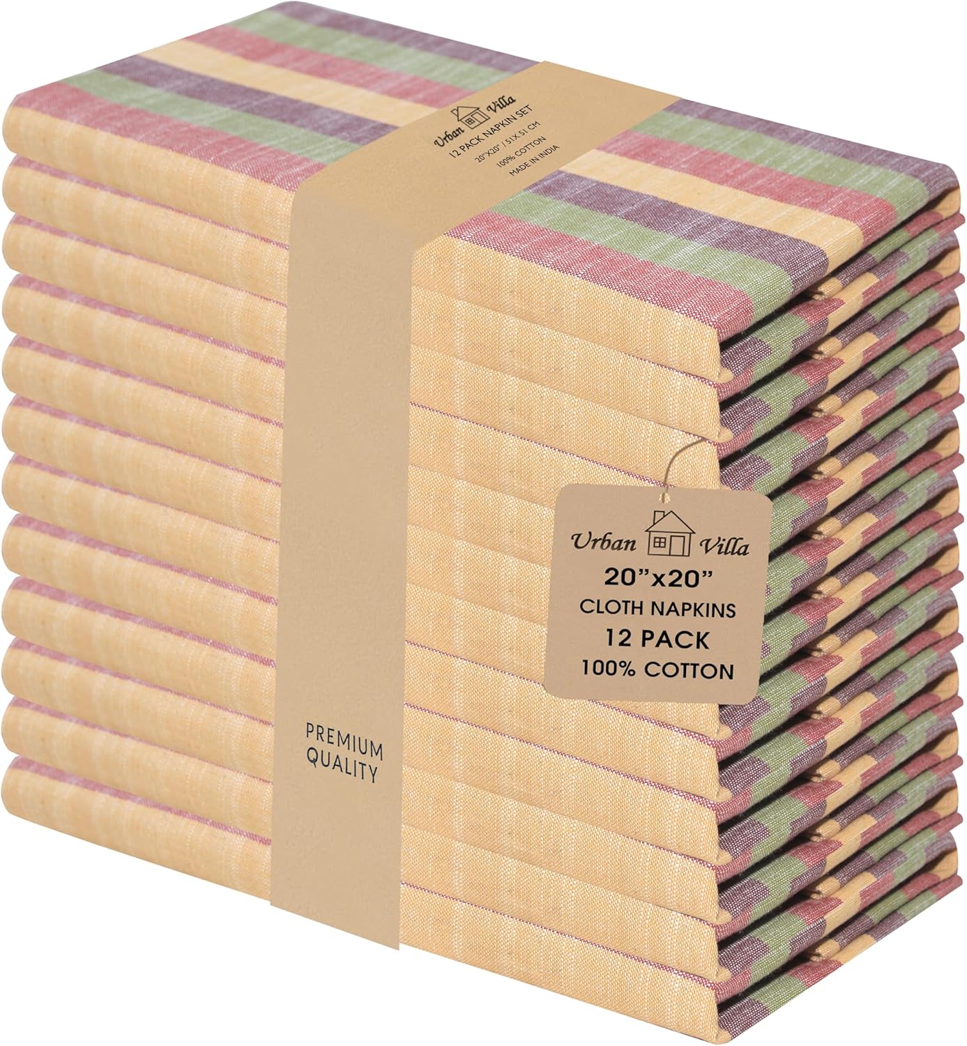 Urban Villa Cloth Napkins Cuisine Stripes 100% Cotton Absorbent Dinner Napkins Set of 12 20x20 Inches Red Multi Color Soft Durable Washable and Reusable Ideal for Everyday Use Wedding Parties Napkins