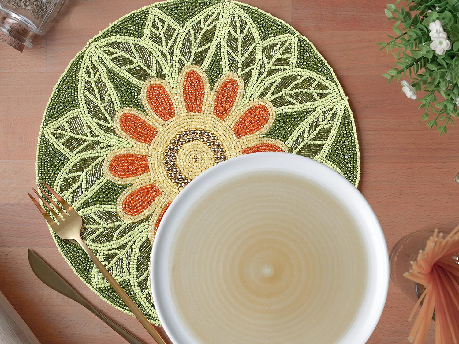 Handmade Beaded Placemat Charger, 13 Inch Round, Set of 2, Beautiful Decorative Dining Table Placemat for Your Dinner Table Décor, Easter, Wedding, Thanksgiving & Everyday Use - Green Orange Multi