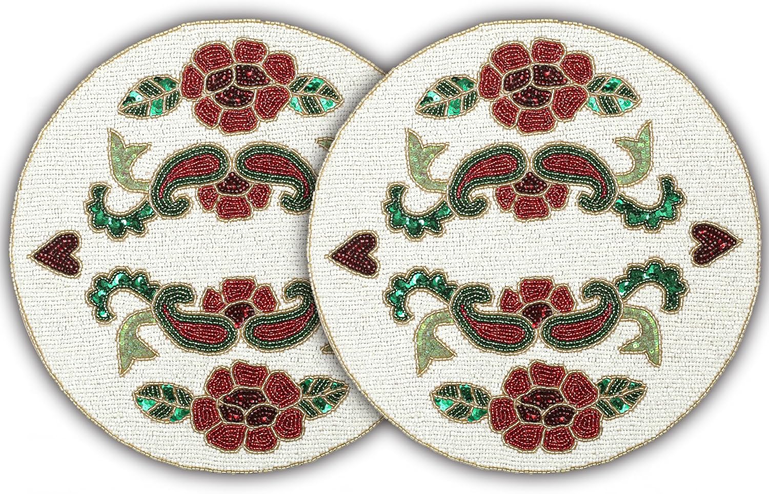 Handmade Beaded Placemat Charger, 13 Inch Round, Set of 2, Beautiful Decorative Dining Table Placemat for Your Dinner Table Décor, Easter, Wedding, Thanksgiving & Everyday Use - Green Orange Multi