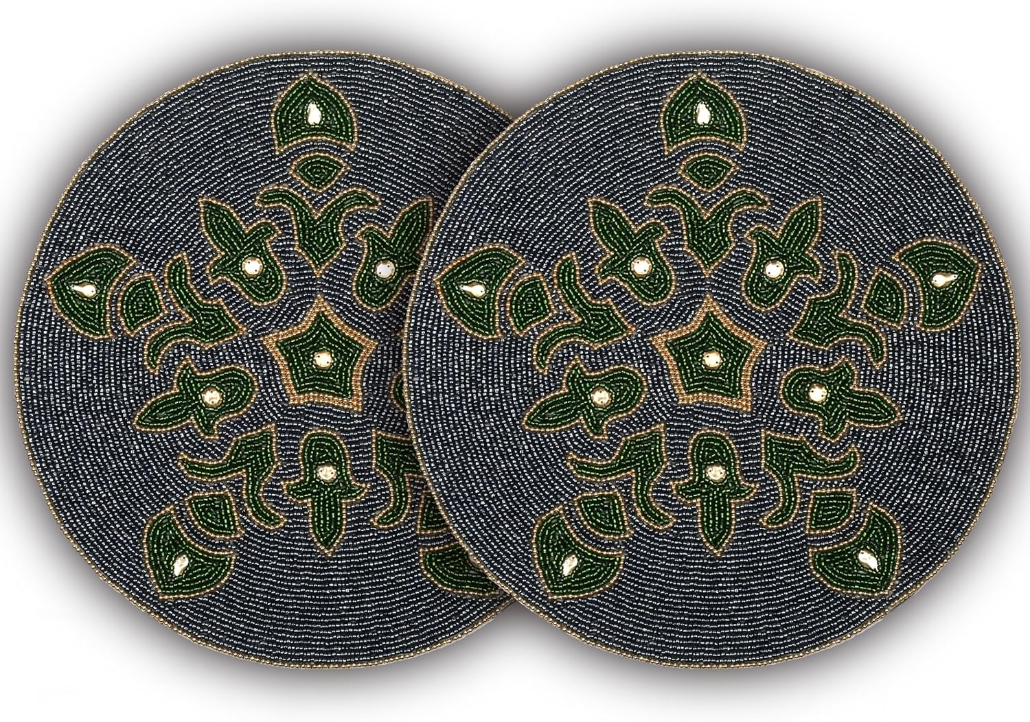 Handmade Beaded Placemat Charger, 13 Inch Round, Set of 2, Beautiful Decorative Dining Table Placemat for Your Dinner Table Décor, Easter, Wedding, Thanksgiving & Everyday Use - Green Orange Multi