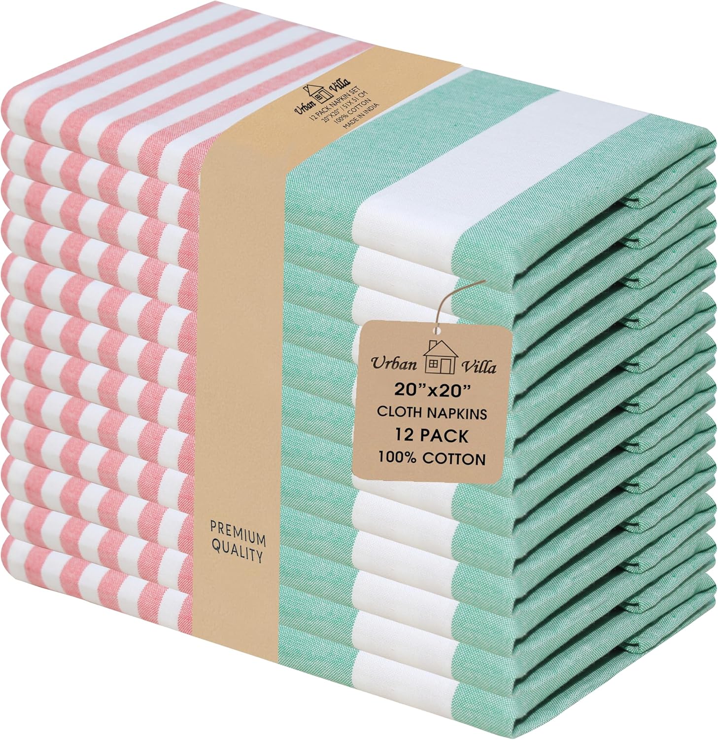 Urban Villa Cloth Napkins Cuisine Stripes 100% Cotton Absorbent Dinner Napkins Set of 12 20x20 Inches Red Multi Color Soft Durable Washable and Reusable Ideal for Everyday Use Wedding Parties Napkins