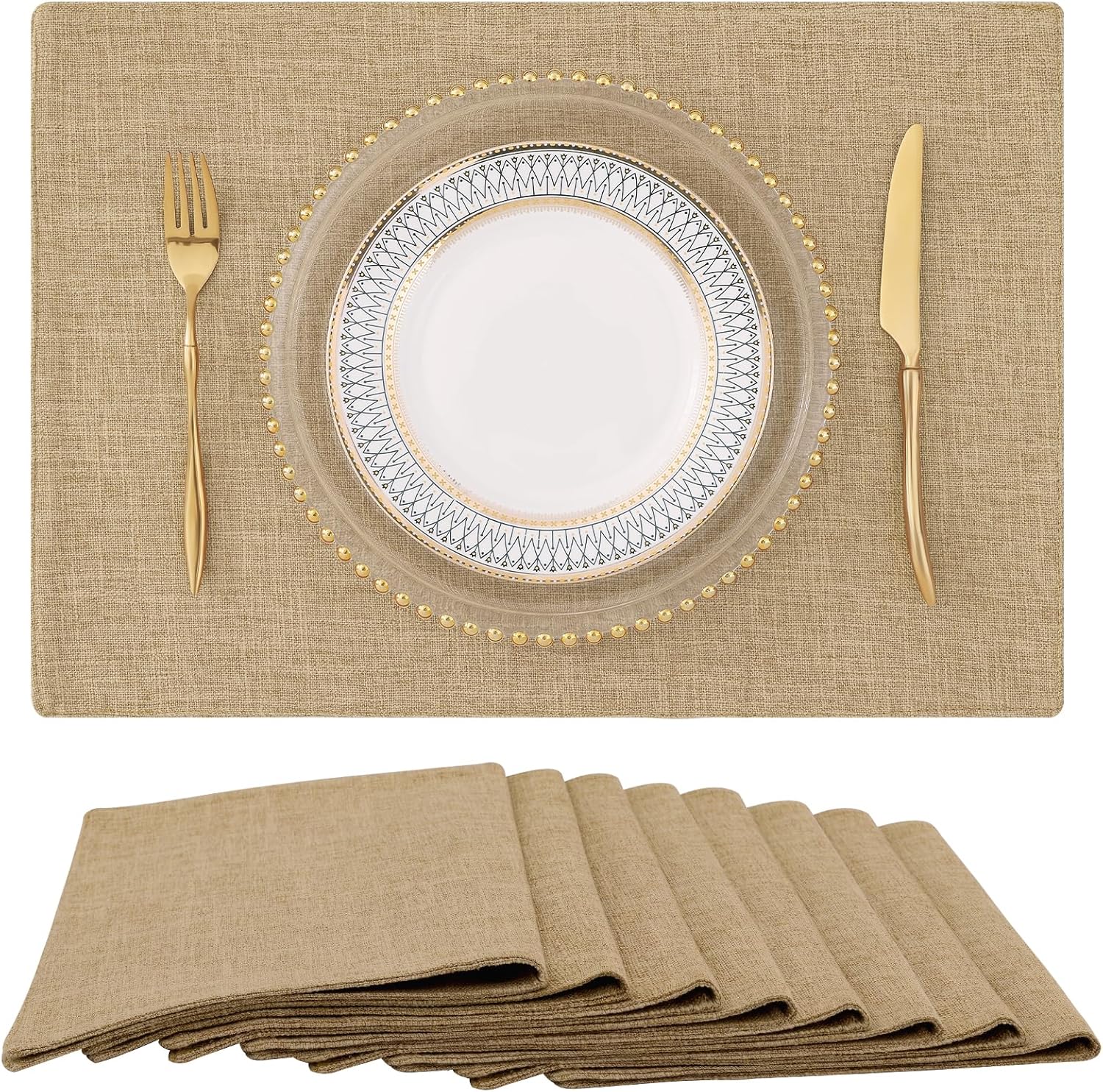 homing Cotton Linen Placemats Set of 6, Cloth Washable Farmhouse Dining Table Mats for Indoors & Outdoors, Easy to Clean, Neutral Beige, 13 x 19 Inch