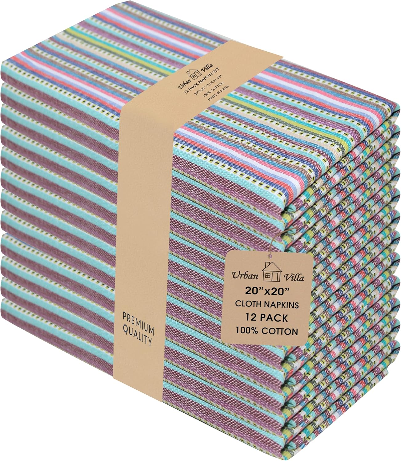 Urban Villa Cloth Napkins Cuisine Stripes 100% Cotton Absorbent Dinner Napkins Set of 12 20x20 Inches Red Multi Color Soft Durable Washable and Reusable Ideal for Everyday Use Wedding Parties Napkins