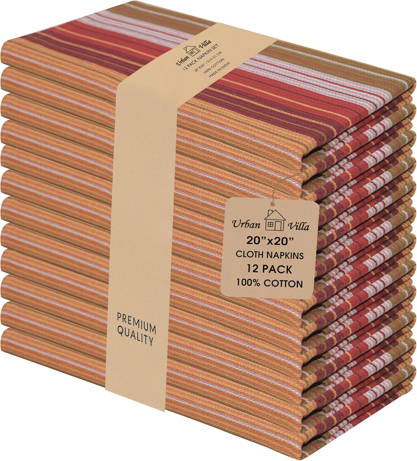 Urban Villa Cloth Napkins Cuisine Stripes 100% Cotton Absorbent Dinner Napkins Set of 12 20x20 Inches Red Multi Color Soft Durable Washable and Reusable Ideal for Everyday Use Wedding Parties Napkins