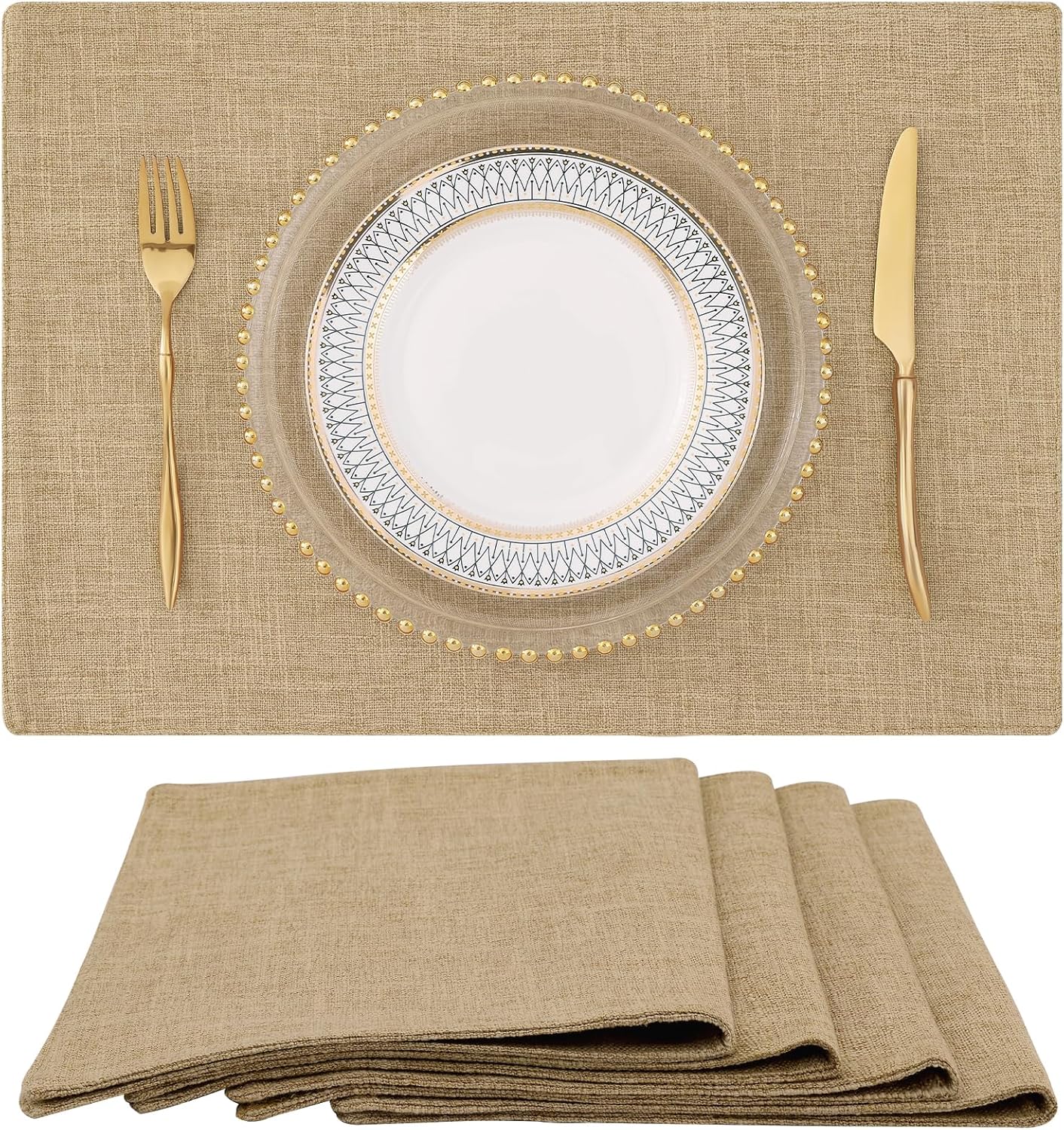 homing Cotton Linen Placemats Set of 6, Cloth Washable Farmhouse Dining Table Mats for Indoors & Outdoors, Easy to Clean, Neutral Beige, 13 x 19 Inch