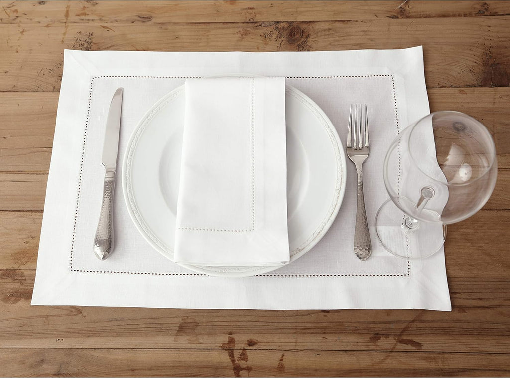 Solino Home White Napkins Set of 4 - Cotton Linen Hemstitch Dinner Napkins Cloth 20 x 20 Inch for Winter, Valentines, Spring, Easter - Handcrafted and Machine Washable