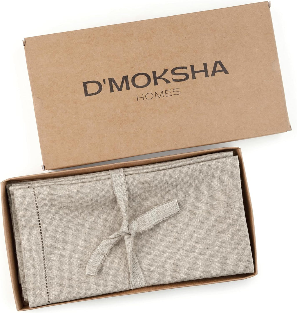 D'Moksha Homes Natural Linen Napkins Set of 4 - Classic Hemstitch 100% Pure Linen Hemstitch Dinner Napkins 20 x 20 Inch for Fall, Autumn and Halloween - Handcrafted and Machine Washable