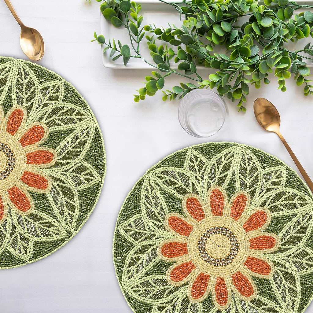 Handmade Beaded Placemat Charger, 13 Inch Round, Set of 2, Beautiful Decorative Dining Table Placemat for Your Dinner Table Décor, Easter, Wedding, Thanksgiving & Everyday Use - Green Orange Multi