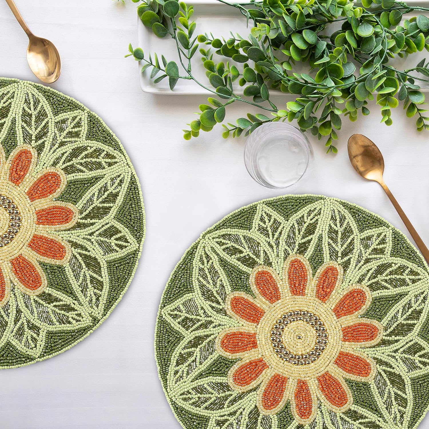 Handmade Beaded Placemat Charger, 13 Inch Round, Set of 2, Beautiful Decorative Dining Table Placemat for Your Dinner Table Décor, Easter, Wedding, Thanksgiving & Everyday Use - Green Orange Multi